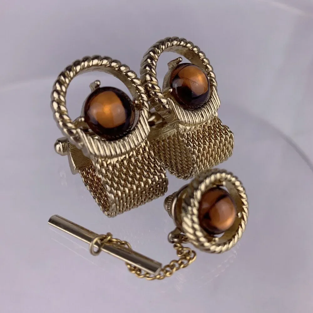 Amber Color Lucite Cufflinks & Tie Pin Gold Tone Wrap Acrylic Mid Century VTG K1